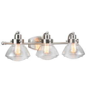 # 62062-2 Three-Light Metal Bathroom Vanity Wall Light Fixture, 24 3/4" Wide, Transitional Design in Satin Nickel with Clear Seedy Glass Shade