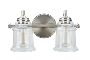 # 62082 Two-Light Metal Bathroom Vanity Wall Light Fixture, 15 1/4" Wide, Transitional Design in Brushed Nickel with Clear Glass Shade