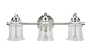 # 62083 Three-Light Metal Bathroom Vanity Wall Light Fixture, 23 3/4" Wide, Transitional Design in Brushed Nickel with Clear Glass Shade