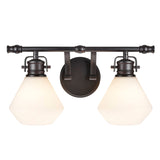 # 62090 Two-Light Metal Bathroom Vanity Wall Light Fixture, 16" Wide, Transitional Design in Bronze with Opal Glass Shade