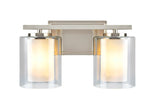 # 62102 Two-Light Metal Bathroom Vanity Wall Light Fixture, 13 1/2" Wide, Transitional Design in Satin Nickel with Clear Glass Shade