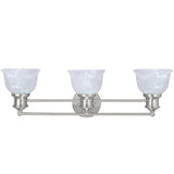 # 62139 Three-Light Metal Bathroom Vanity Wall Light Fixture, 25" Wide, Transitional Design in Brushed Nickel with Faux Alabaster Glass Shade