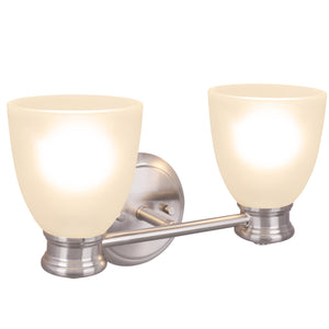 # 62154 Two-Light Metal Bathroom Vanity Wall Light Fixture, 14-3/4" Wide, Transitional Design in Satin Nickel with Frosted Glass Shade