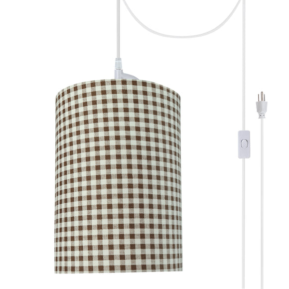 # 71113-21 One-Light Plug-In Swag Pendant Light Conversion Kit with Transitional Drum Fabric Lamp Shade, Brown, 8