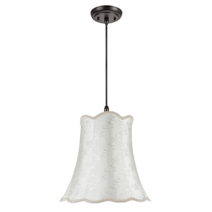 # 74002  Two-Light Hanging Pendant Ceiling Light with Transitional Scallop Bell Fabric Lamp Shade, Ivory - Floral Design, 16" W