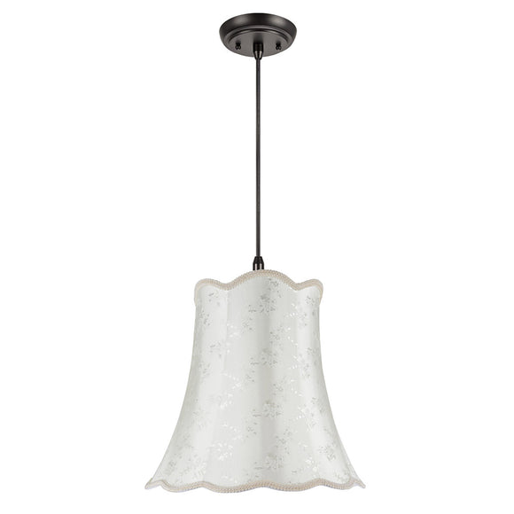 # 74002  Two-Light Hanging Pendant Ceiling Light with Transitional Scallop Bell Fabric Lamp Shade, Ivory - Floral Design, 16