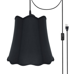 # 74063-21 Two-Light Plug-In Swag Pendant Light Conversion Kit with Transitional Scallop Bell Fabric Lamp Shade, Black, 16" width