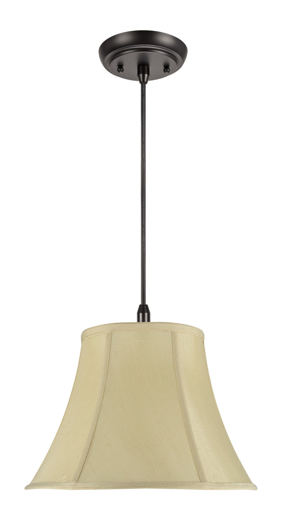 # 70016  One-Light Hanging Pendant Ceiling Light with Transitional Bell Fabric Lamp Shade in Sateen Textured Ivory, 13