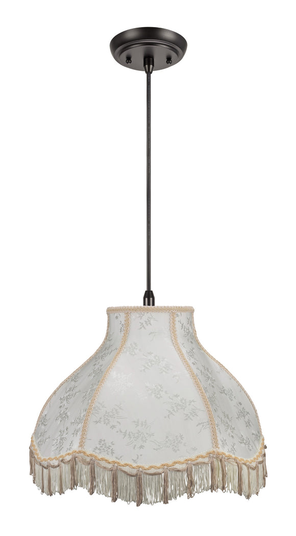 # 70043 One-Light Hanging Pendant Ceiling Light with Transitional Scallop Bell Fabric Lamp Shade in Beige with Fringe, 17