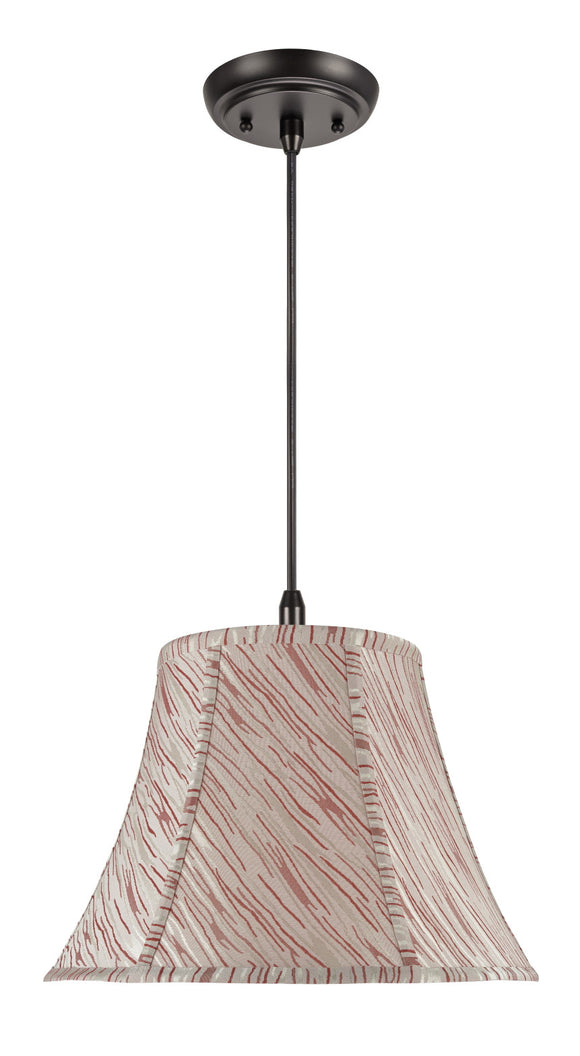 # 70044  One-Light Hanging Pendant Ceiling Light with Transitional Bell Fabric Lamp Shade, Off White with Red Stripes, 13