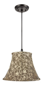 # 70045 One-Light Hanging Pendant Ceiling Light with Transitional Bell Fabric Lamp Shade in Light Gold with Design, 13" W
