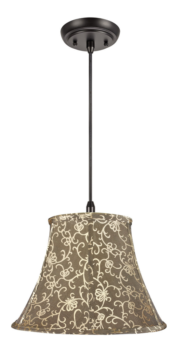 # 70045 One-Light Hanging Pendant Ceiling Light with Transitional Bell Fabric Lamp Shade in Light Gold with Design, 13