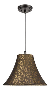 # 70046 One-Light Hanging Pendant Ceiling Light with Transitional Bell Fabric Lamp Shade, Brown with Leaf Design, 16" W