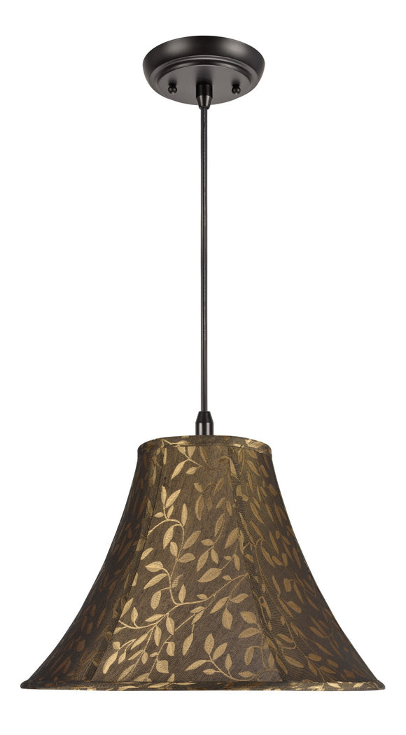 # 70046 One-Light Hanging Pendant Ceiling Light with Transitional Bell Fabric Lamp Shade, Brown with Leaf Design, 16