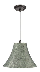 # 70081  One-Light Hanging Pendant Ceiling Light with Transitional Bell Fabric Lamp Shade, Green with Leaf Design, 16" W