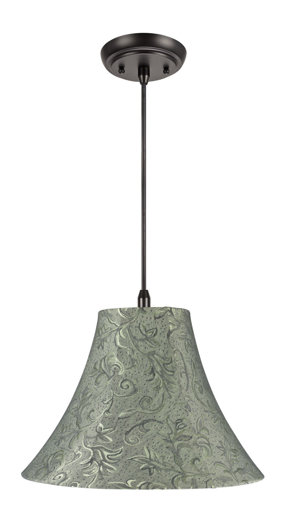 # 70081  One-Light Hanging Pendant Ceiling Light with Transitional Bell Fabric Lamp Shade, Green with Leaf Design, 16