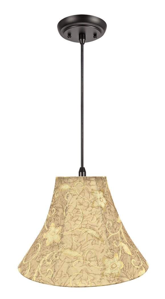 # 70084-11 One-Light Hanging Pendant Ceiling Light with Transitional Bell Fabric Lamp Shade, Brown, 16