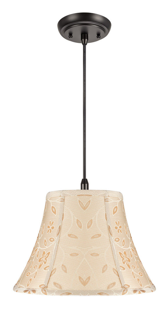 # 70091 One-Light Hanging Pendant Ceiling Light with Transitional Bell Fabric Lamp Shade, Gold  with Floral Design, 13
