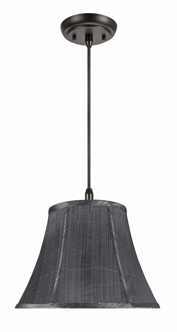 # 70096  One-Light Hanging Pendant Ceiling Light with Transitional Bell Fabric Lamp Shade in Grey Black Fabric, 13