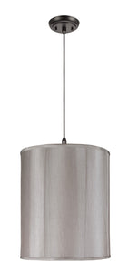 # 75007  Two-Light Hanging Pendant Ceiling Light with Transitional Drum Fabric Lamp Shade, in Silver Grey Faux Silk, 18" W