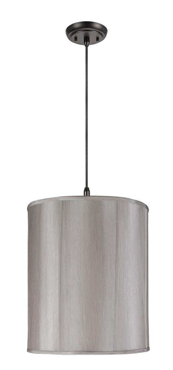 # 75007  Two-Light Hanging Pendant Ceiling Light with Transitional Drum Fabric Lamp Shade, in Silver Grey Faux Silk, 18