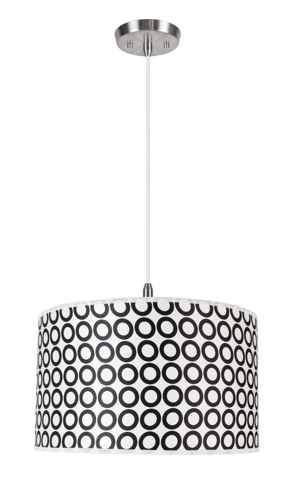 # 71008 Two-Light Hanging Pendant Ceiling Light, Transitional Hardback Drum Fabric Shade, Black/White Geometric, 17