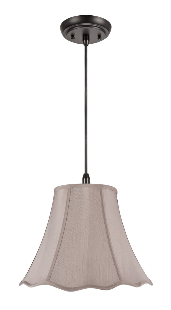 # 74008 One-Light Hanging Pendant Ceiling Light with Transitional Hexagon Scallop Bell Fabric Lamp Shade, Taupe Faux Silk, 12