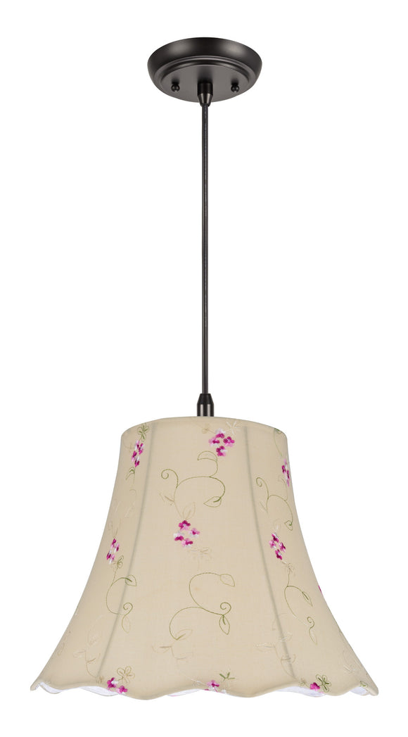 # 74036 One-Light Hanging Pendant Ceiling Light with Transitional Scallop Bell Fabric Lamp Shade, Apricot - Floral Design, 14