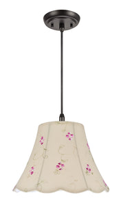 # 74009  One-Light Hanging Pendant Ceiling Light with Transitional Scallop Bell Fabric Lamp Shade, Apricot - Floral Design, 12" W
