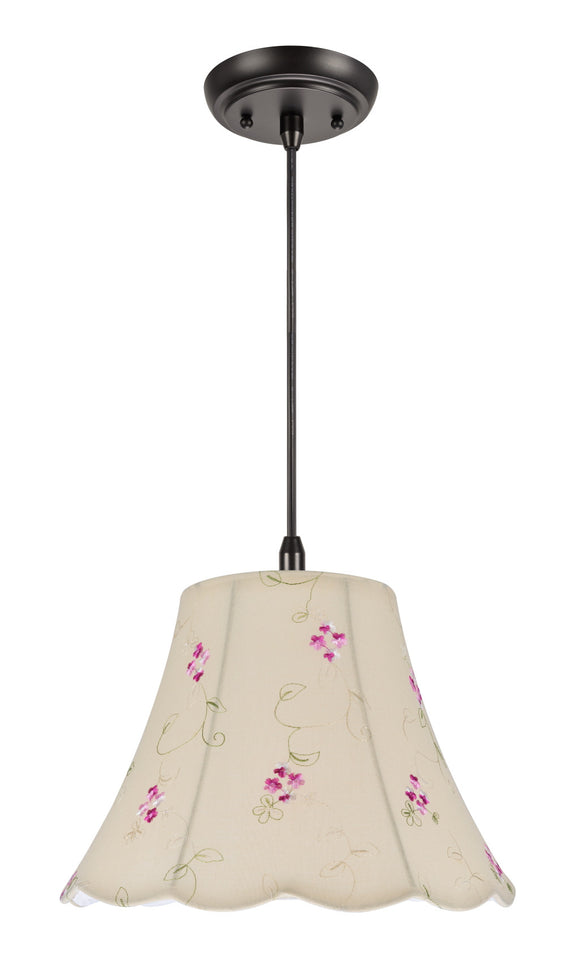 # 74009  One-Light Hanging Pendant Ceiling Light with Transitional Scallop Bell Fabric Lamp Shade, Apricot - Floral Design, 12