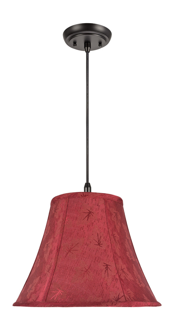 # 70131  One-Light Hanging Pendant Ceiling Light with Transitional Bell Fabric Lamp Shade in Red with Leaf Design, 14